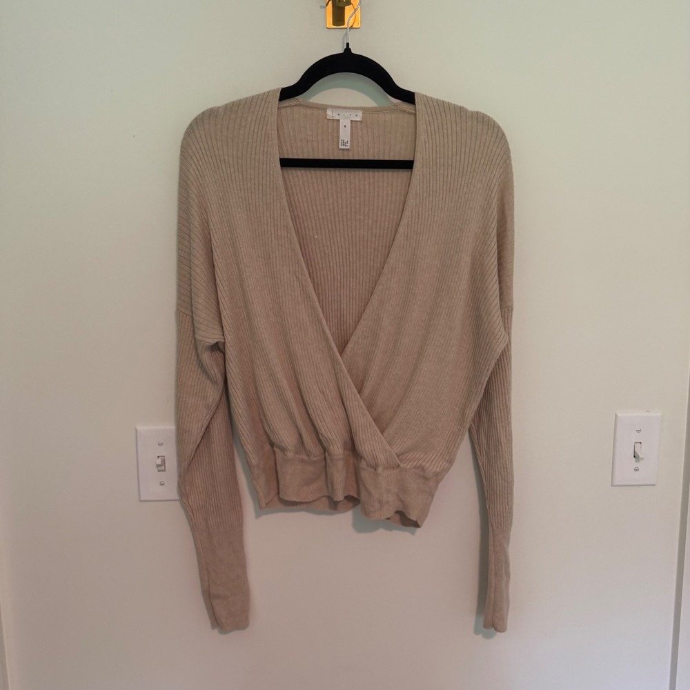 Leith Womens Beige Ribbed Surplice V-Neck Wrap Front Sweater Size M